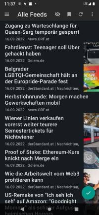 Screenshot der App Feeder mit einigen Schlagzeilen von ORF, Golem und der Standard